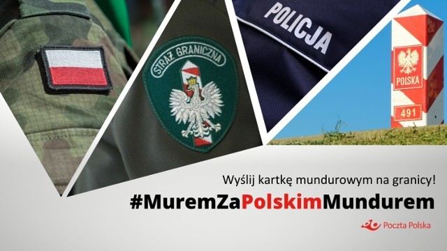  Zdjcie przedstawia fragmenty mundurw wojska polskiego, policji, stray granicznej i napis wylij kartk mundurowym na granicy- poczta polska
